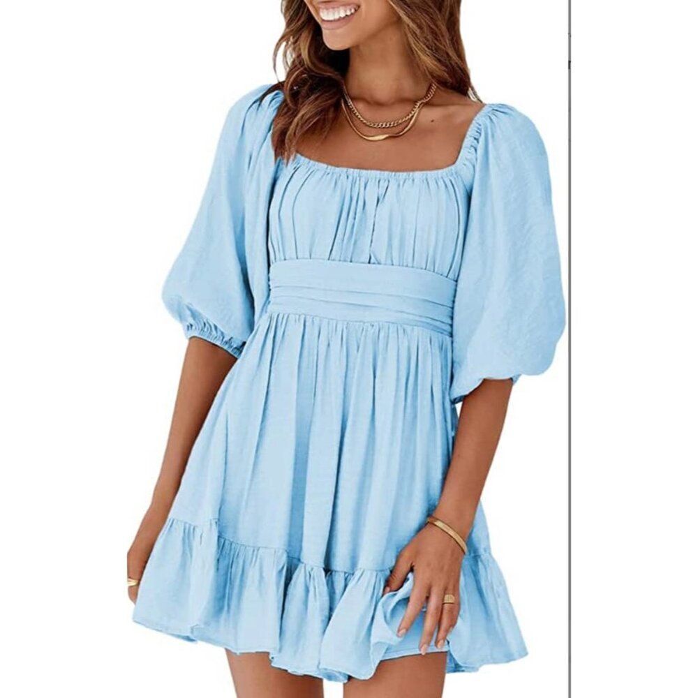 Exlura Women Blue Smocked Balloon Sleeve Square Neck Off Shoulder Dress Size XL